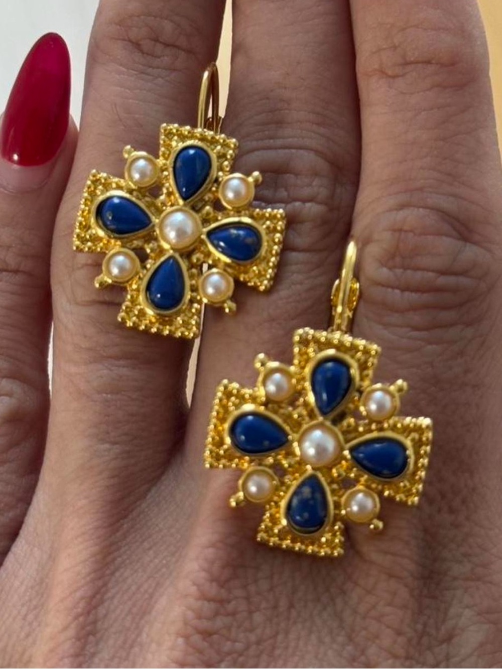 Vintage Gold Cross Drop Earrings with Blue Cabochons & Pearls